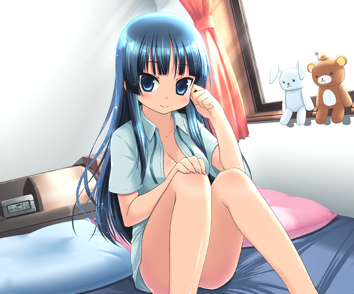 amamiya minato, akiyama mio, k-on!, bad id, bad pixiv id, 00s, 1girl, bed, blue eyes, blue hair, breasts, censored, cleavage, convenient censoring, convenient leg, dutch angle, female focus, indoors, large breasts, long hair, matching hair/eyes, open clothes, open shirt, pillow, rabbit, shirt, solo, stuffed animal, stuffed toy, teddy bear