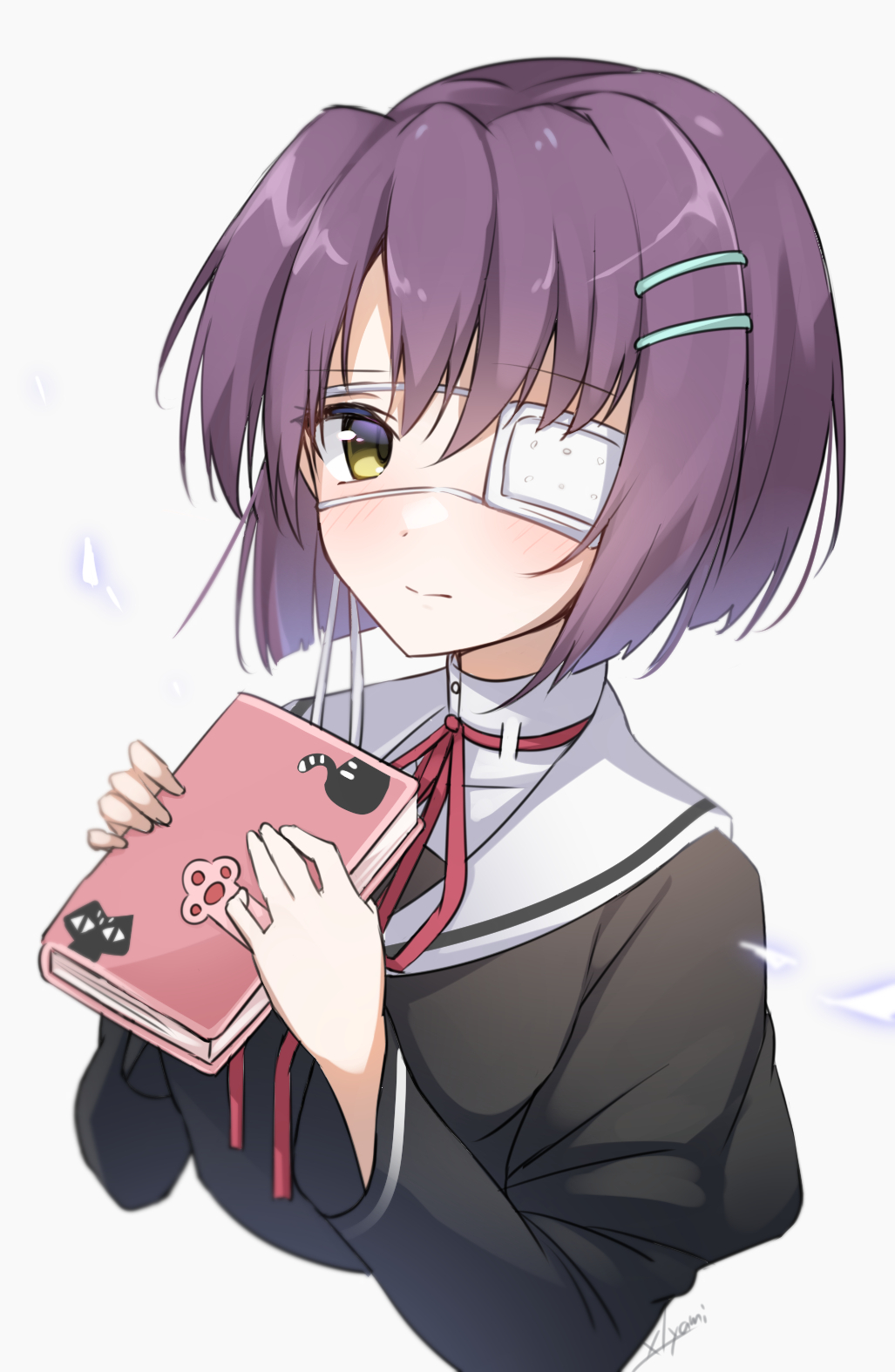 xlyami, shindou chihiro, ef (visual novel), commentary request, highres, 1girl, book, closed mouth, cropped torso, eyepatch, hair ornament, hairclip, holding, holding book, juliet sleeves, long sleeves, looking at viewer, medical eyepatch, puffy sleeves, purple hair, sailor collar, school uniform, short hair, simple background, solo, white background, white sailor collar, yellow eyes