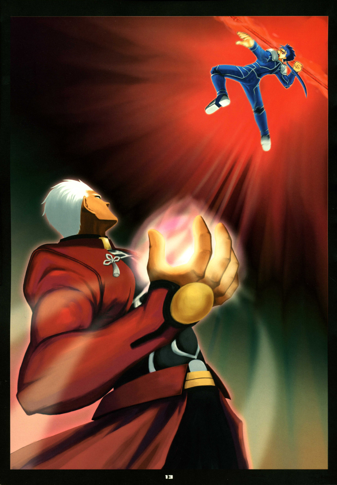 namonashi, rubbish selecting squad, archer (fate), cu chulainn (fate), cu chulainn (fate/stay night), cu chulainn (lancer) (fate), fate/stay night, fate (series), highres, 00s, 2boys, battle, coat, from below, gae bolg (fate), glowing, looking up, male focus, multiple boys, polearm, spear, weapon