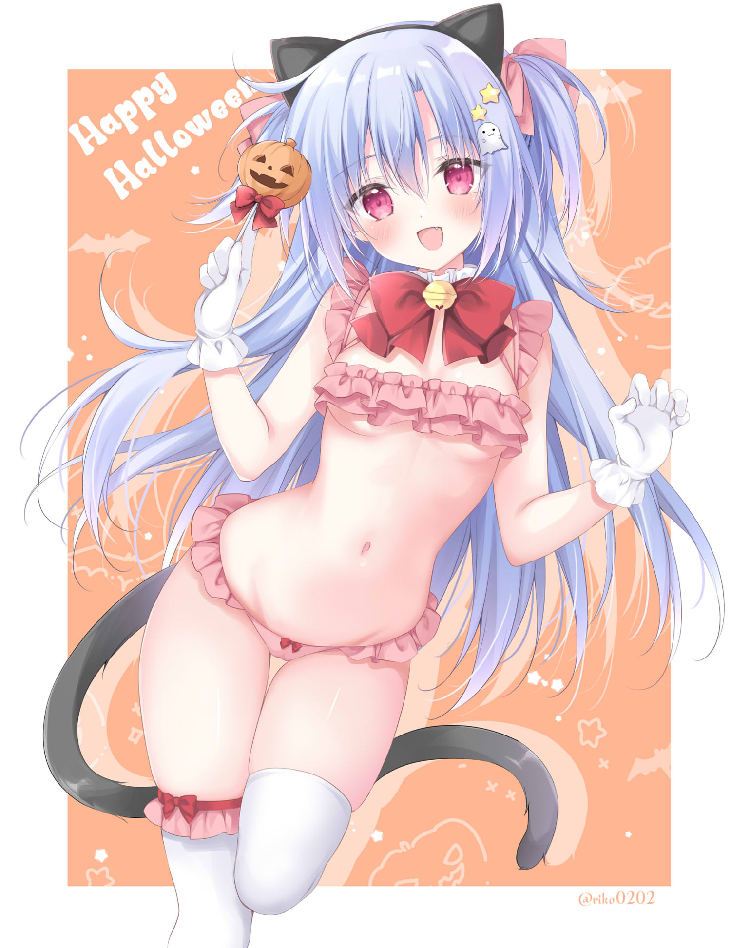 korie riko, yune (amazing grace), amazing grace -what color is your attribute?-, highres, 1girl, animal ear hairband, animal ears, bare arms, bell, bikini, blush, bow, bowtie, breasts, cat ears, cat girl, cat tail, fake animal ears, gloves, hairband, halloween, happy halloween, holding, jingle bell, long hair, looking at viewer, navel, open mouth, orange background, pink bikini, red bow, red bowtie, red eyes, small breasts, solo, stomach, swimsuit, tail, thighhighs, thighs, underboob, very long hair, white gloves, white thighhighs