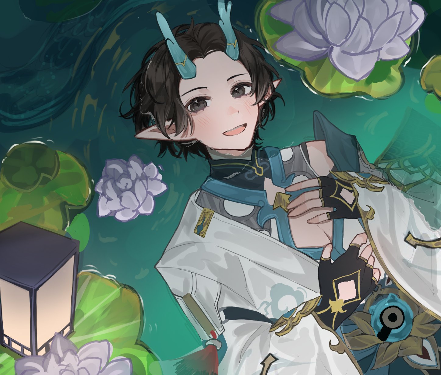 kanako (fuwachu), dan heng (honkai: star rail), dan heng (imbibitor lunae) (honkai: star rail), honkai: star rail, honkai (series), highres, 1boy, belt, black eyes, black gloves, black hair, center opening, chinese clothes, cosplay, dan heng (honkai: star rail) (cosplay), dragon boy, dragon horns, fingerless gloves, flower, gloves, horns, jacket, lantern, leaf, looking at viewer, lying, male focus, nicholas leung, on back, open mouth, pointy ears, shirt, short hair, smile, solo, voice actor connection, white flower, white jacket, white shirt