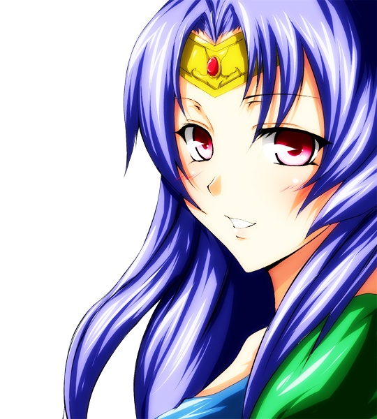 iwamoto eiri, bad id, bad pixiv id, 1girl, blue hair, blush, circlet, female focus, portrait, red eyes, smile, solo, upper body