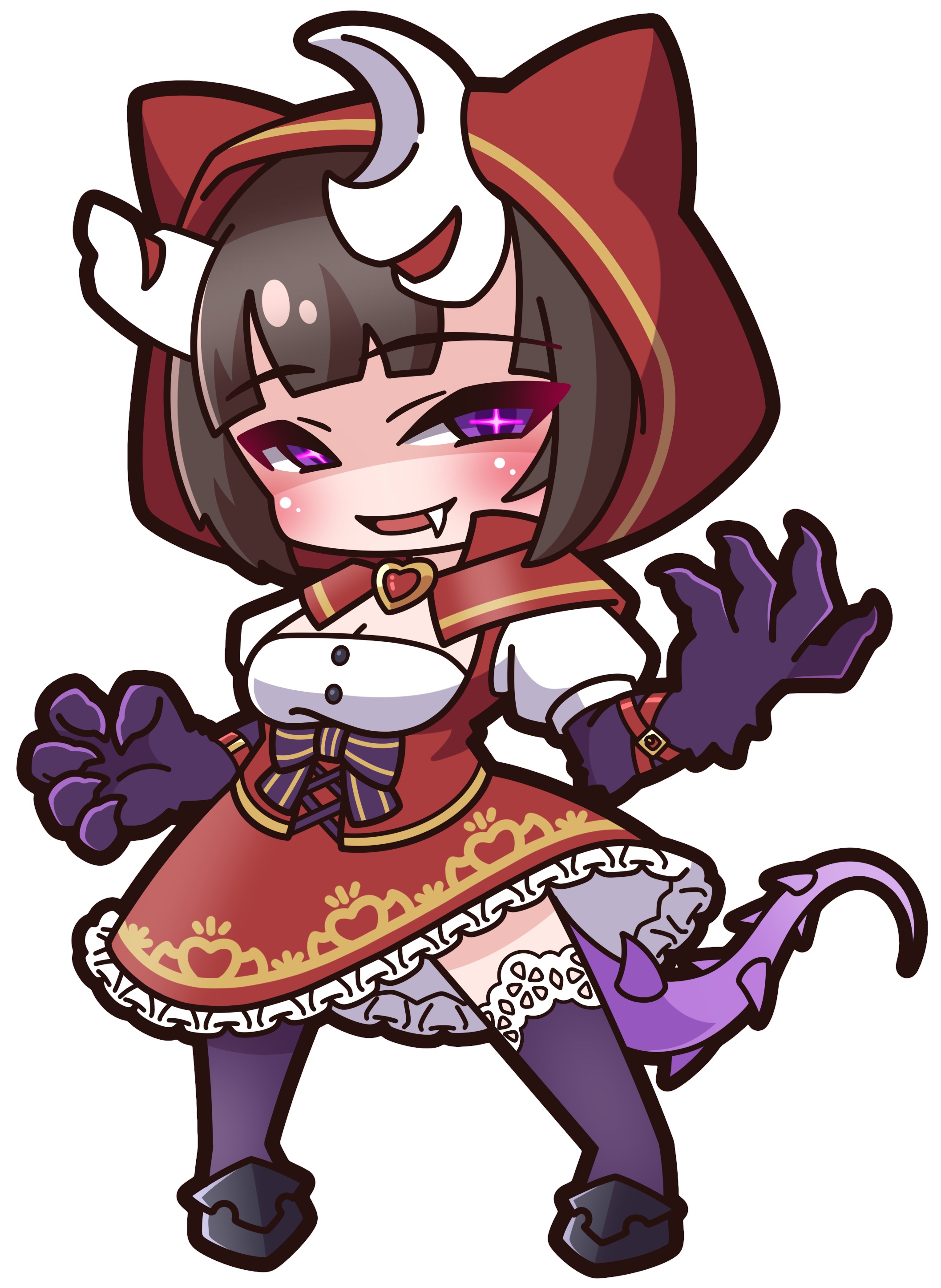 saishosaisekojo, eriko (princess connect!), princess connect!, absurdres, commentary request, highres, + +, 1girl, :d, animal hood, black hair, black shoes, breasts, chibi, cleavage, fang, fang out, frilled skirt, frills, full body, hood, hood up, horns, looking at viewer, open mouth, puffy short sleeves, puffy sleeves, purple eyes, purple thighhighs, red skirt, shirt, shoes, short sleeves, simple background, skirt, small breasts, smile, solo, spiked tail, standing, tail, thighhighs, white background, white shirt