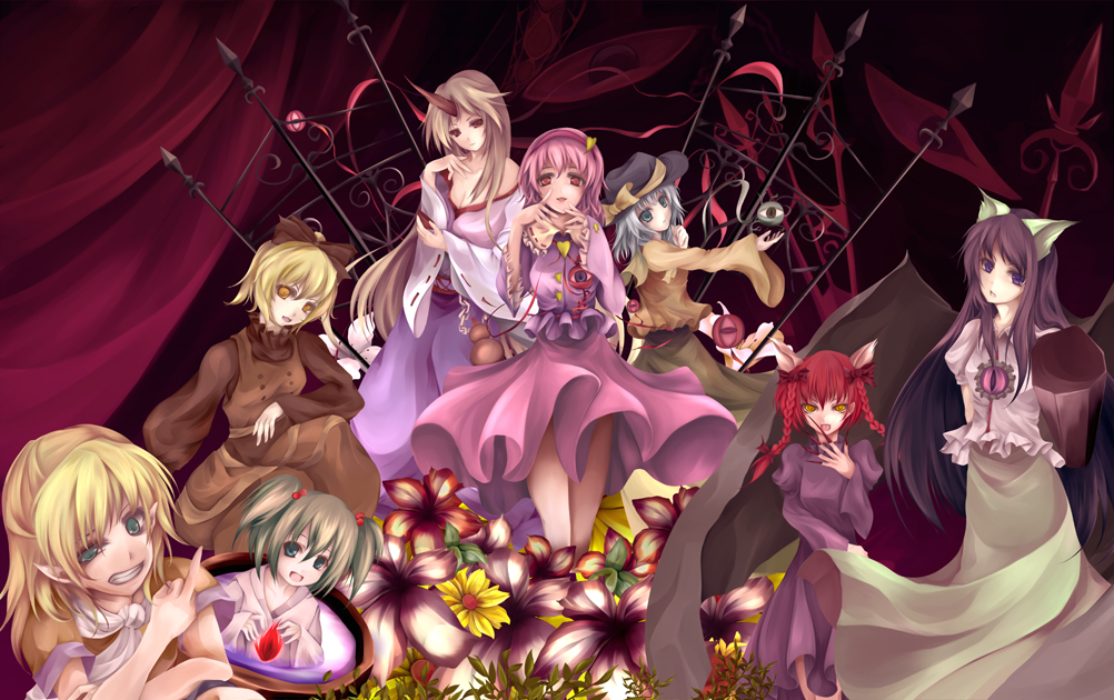 seiha (artist), seiha (tinnke), hoshiguma yuugi, kaenbyou rin, kisume, komeiji koishi, komeiji satori, kurodani yamame, mizuhashi parsee, reiuji utsuho, subterranean animism, touhou, bad id, bad pixiv id, 6+girls, animal ears, black wings, bow, bucket, cat ears, cat girl, dress, female focus, fingernails, flower, hair bow, horns, in bucket, in container, long fingernails, middle finger, multiple girls, pointy ears, single horn, third eye, wings