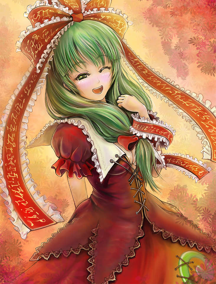 sai-go, kagiyama hina, touhou, 1girl, blush, female focus, front ponytail, green eyes, green hair, hair ribbon, long hair, matching hair/eyes, one eye closed, open mouth, ribbon, solo, wink