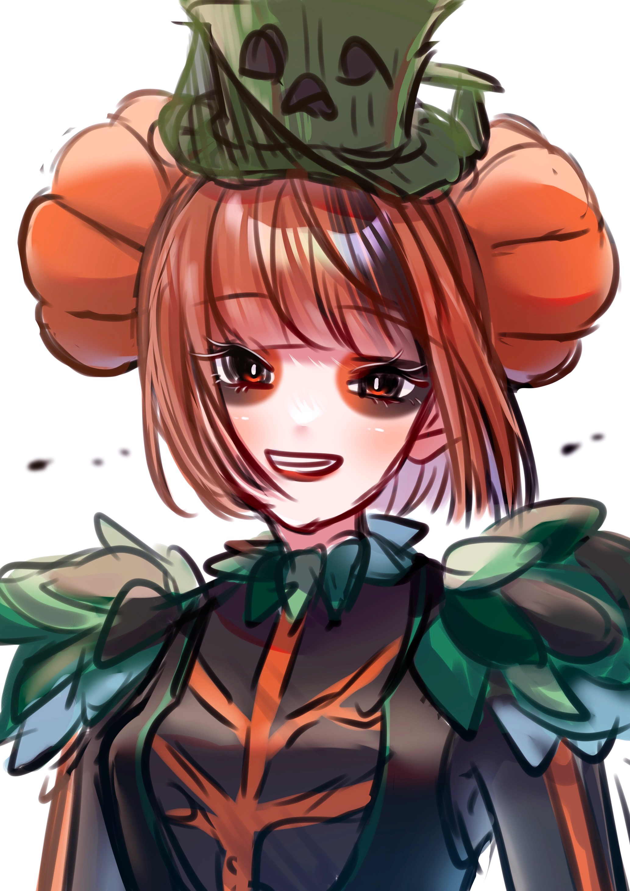 aoiyuuna 811, disneyland, absurdres, character request, highres, 1girl, bow, dress, gloves, halloween costume, hat, long hair, long sleeves, looking at viewer, makeup, orange eyes, orange hair, simple background, smile, solo