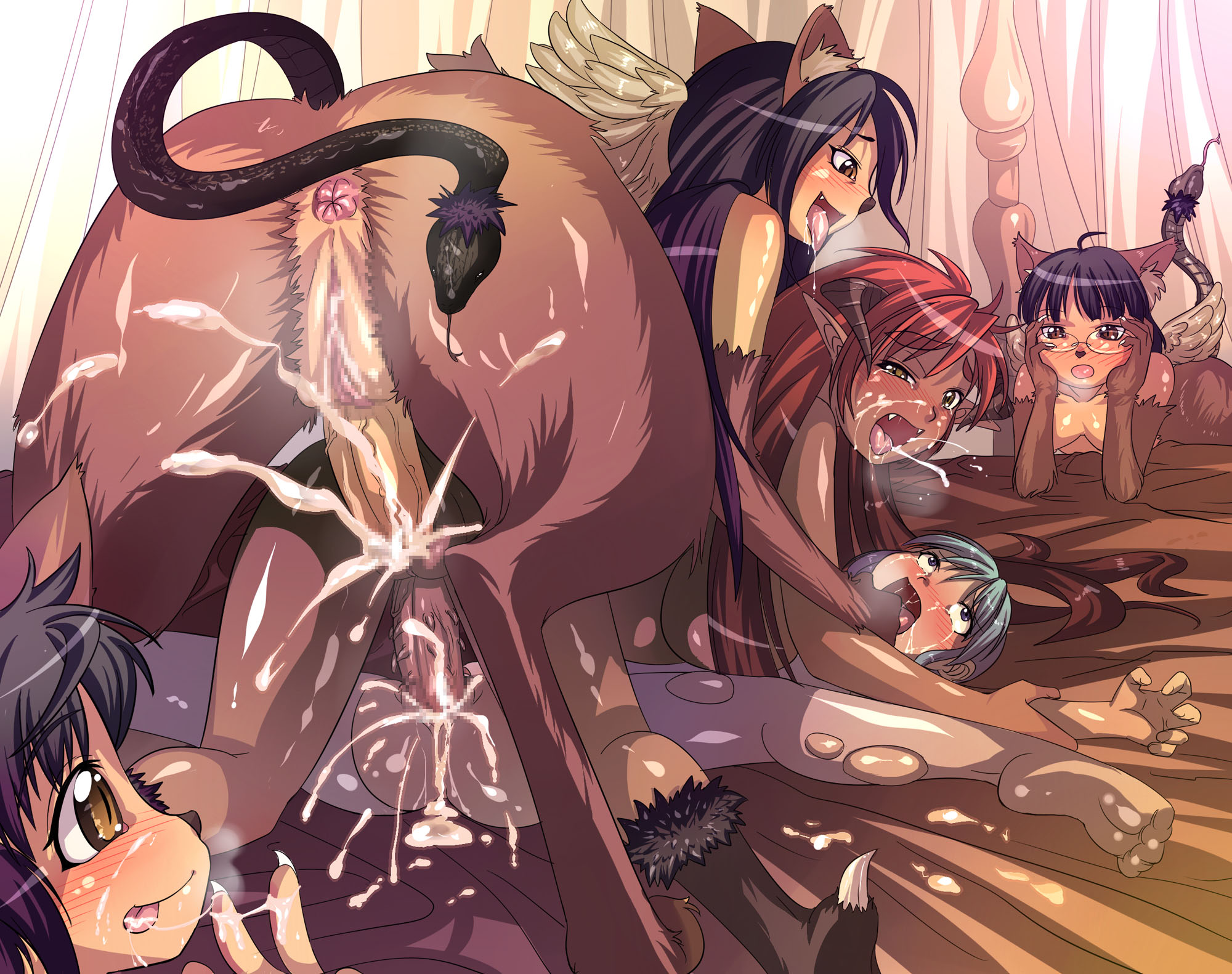 yuuyan, fur, character request, highres, source request, 2futa, 3girls, :p, ahoge, animal ears, anus, aqua hair, ass, black hair, blush, breasts, censored, chimera, cum, cum in mouth, cum in pussy, cum on body, cum on tongue, cum overflow, cum string, cumdrip, demon girl, doggystyle, ejaculation, facial, fangs, from behind, fucked silly, futa with female, futanari, glasses, group sex, hanging breasts, happy sex, holding own arm, horns, large breasts, long hair, looking back, missionary, monster girl, multiple futa, multiple girls, no testicles, open mouth, orgasm, penis, pointy ears, pussy, red hair, saliva, sex, sex from behind, sideboob, small breasts, smile, snake, spread legs, tail, talons, tongue, tongue out, vaginal, very long hair, watching, yellow eyes