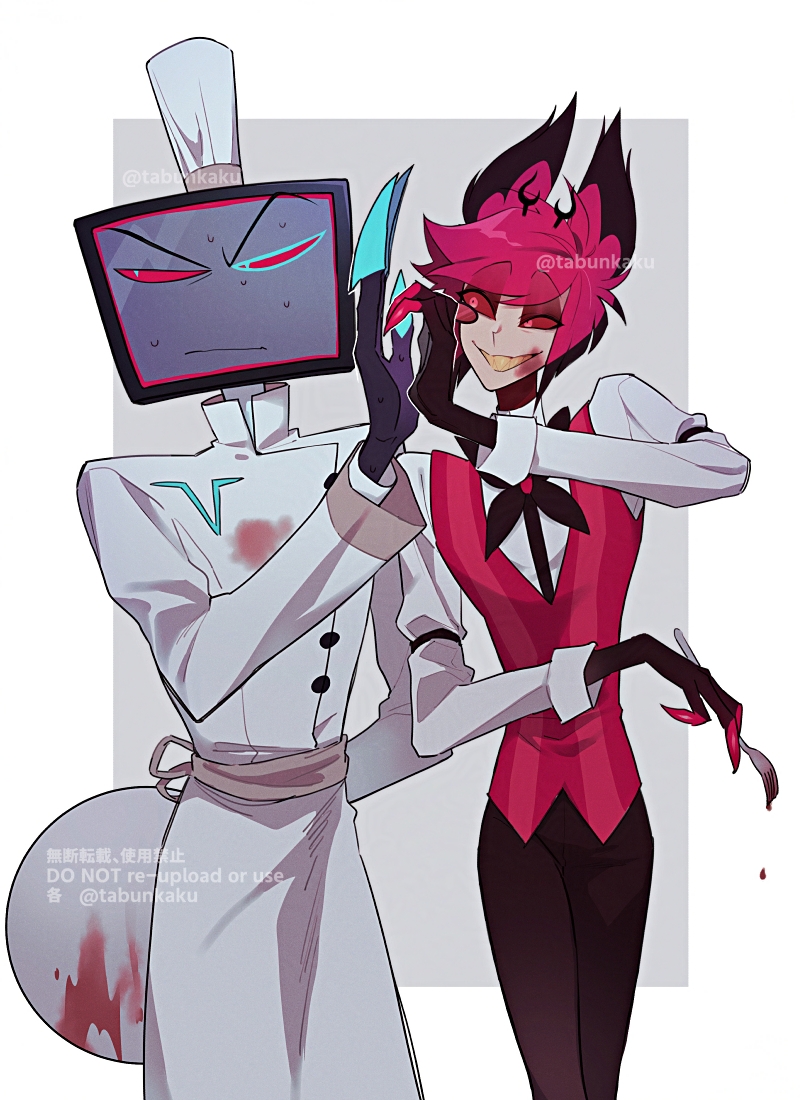 alastor (hazbin hotel), vox (hazbin hotel), hazbin hotel, hellaverse, 2boys, animal ears, antlers, black bow, black bowtie, black pants, blood, blood on clothes, blood on face, blood on fork, blood on object, blue eyes, bow, bowtie, chef hat, colored extremities, colored sclera, colored skin, colored teeth, cowboy shot, deer antlers, deer ears, flat screen tv, grey skin, hat, heart hands failure, holding, horns, male focus, multiple boys, object head, pants, red eyes, red hair, red sclera, red vest, shirt, short hair, sweat, tabunkaku, television, vest, white hat, white shirt, yellow teeth