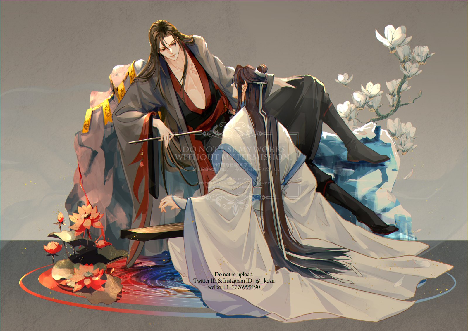 kozu (tksdmtzm), lan wangji, wei wuxian, wei wuxian (yiling laozu), modao zushi, highres, 2boys, bishounen, black boots, black eyes, black hair, black hanfu, boots, branch, branded, brown hair, bud, chenqing flute, chinese clothes, closed mouth, coat, couple, dizi, flower, flute, flute tassel, full body, grey background, grey coat, guqin, hair down, half updo, hanfu, headband, holding, holding flute, holding instrument, instrument, knee up, long hair, long sleeves, looking at another, lotus, lotus leaf, lying, male focus, multiple boys, music, official alternate costume, official alternate hairstyle, ofuda, on rock, open clothes, open coat, pectoral cleavage, pectorals, playing instrument, ponytail, red eyes, red flower, red sash, ripples, robe, rock, sash, scar, scar on chest, sidelocks, sitting, talisman, tassel, topknot, transverse flute, twitter username, very long hair, wangji guqin, water, watermark, white flower, white hanfu, white headband, wide sleeves, xiao guan (headdress), yaoi