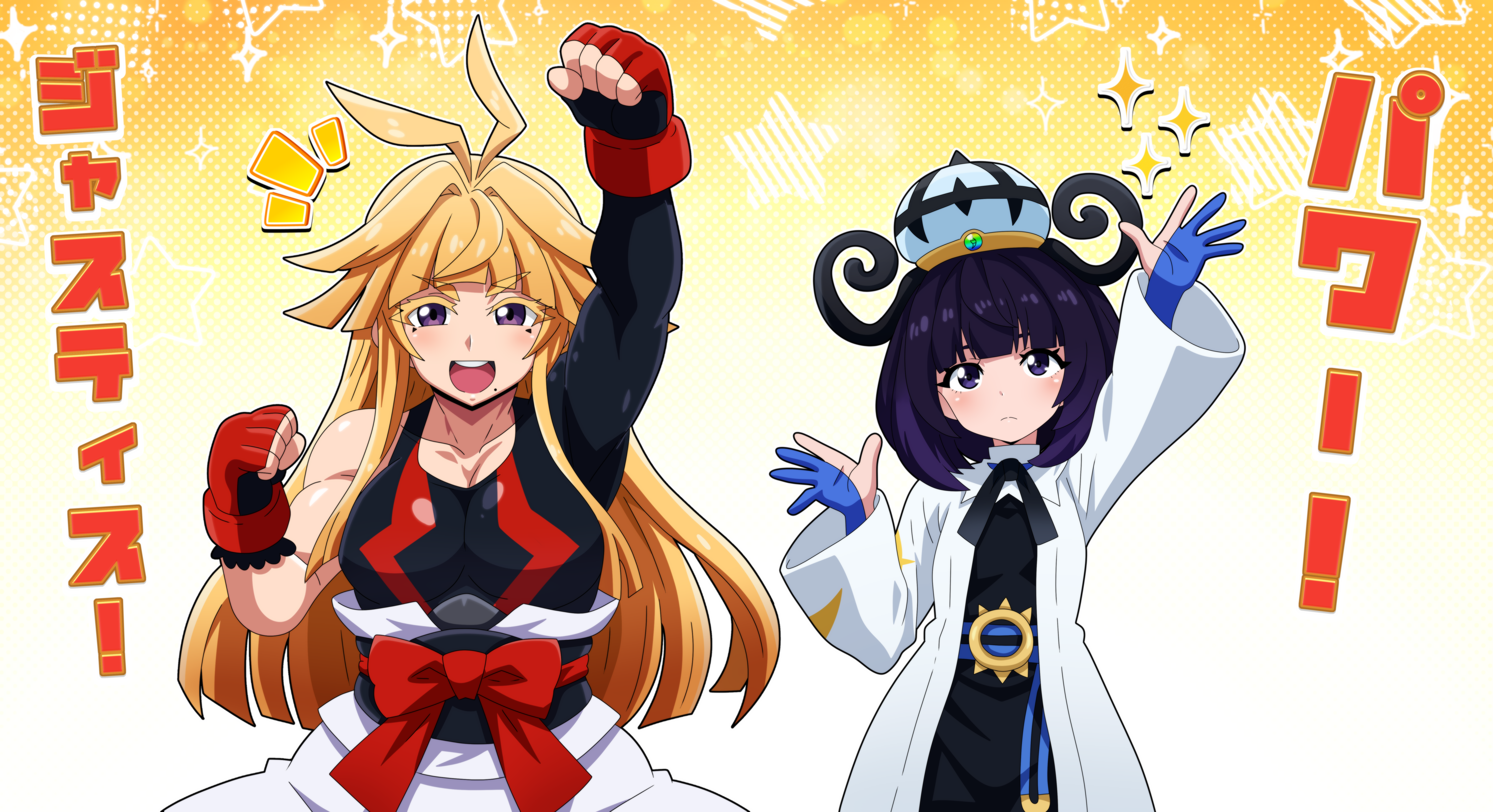 hitokiwa kenchin, gwynn (pokemon), ivor (pokemon), nintendo, pokemon, pokemon legends: z-a, absurdres, commentary request, highres, translation request, 1boy, 1girl, arched bangs, arm up, bare shoulders, black dress, black hair, black ribbon, black shirt, blonde hair, blue gloves, clenched hands, closed mouth, coat, dress, gloves, hand up, hat, long hair, muscular, muscular male, neck ribbon, notice lines, open clothes, open coat, pants, partially fingerless gloves, ribbon, shirt, sidelocks, single sleeve, sparkle, squatting, white coat, white pants