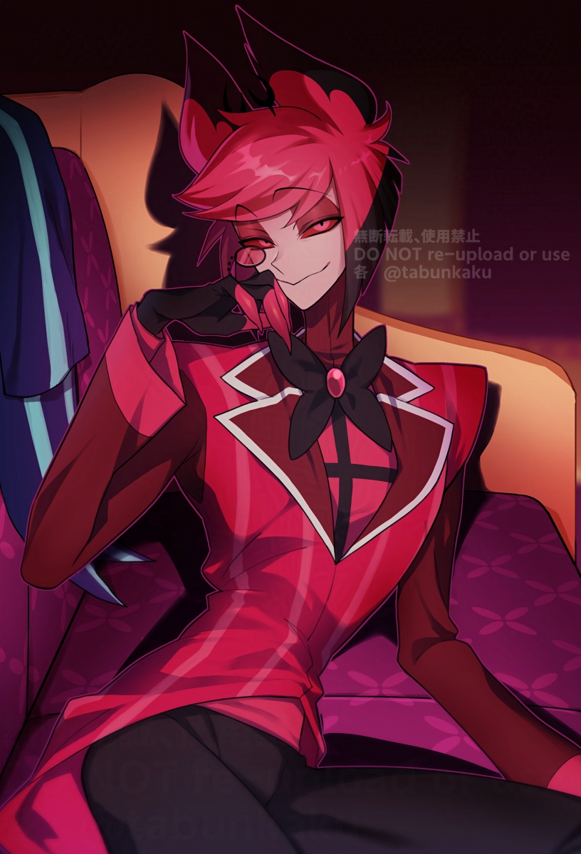 alastor (hazbin hotel), hazbin hotel, hellaverse, highres, 1boy, animal ears, antlers, black bow, black bowtie, black pants, bow, bowtie, colored extremities, colored sclera, couch, deer antlers, deer ears, eyewear strap, horns, jacket, looking at viewer, male focus, monocle, on couch, pants, red eyes, red hair, red jacket, red sclera, red shirt, shirt, short hair, smile, solo, tabunkaku, twitter username