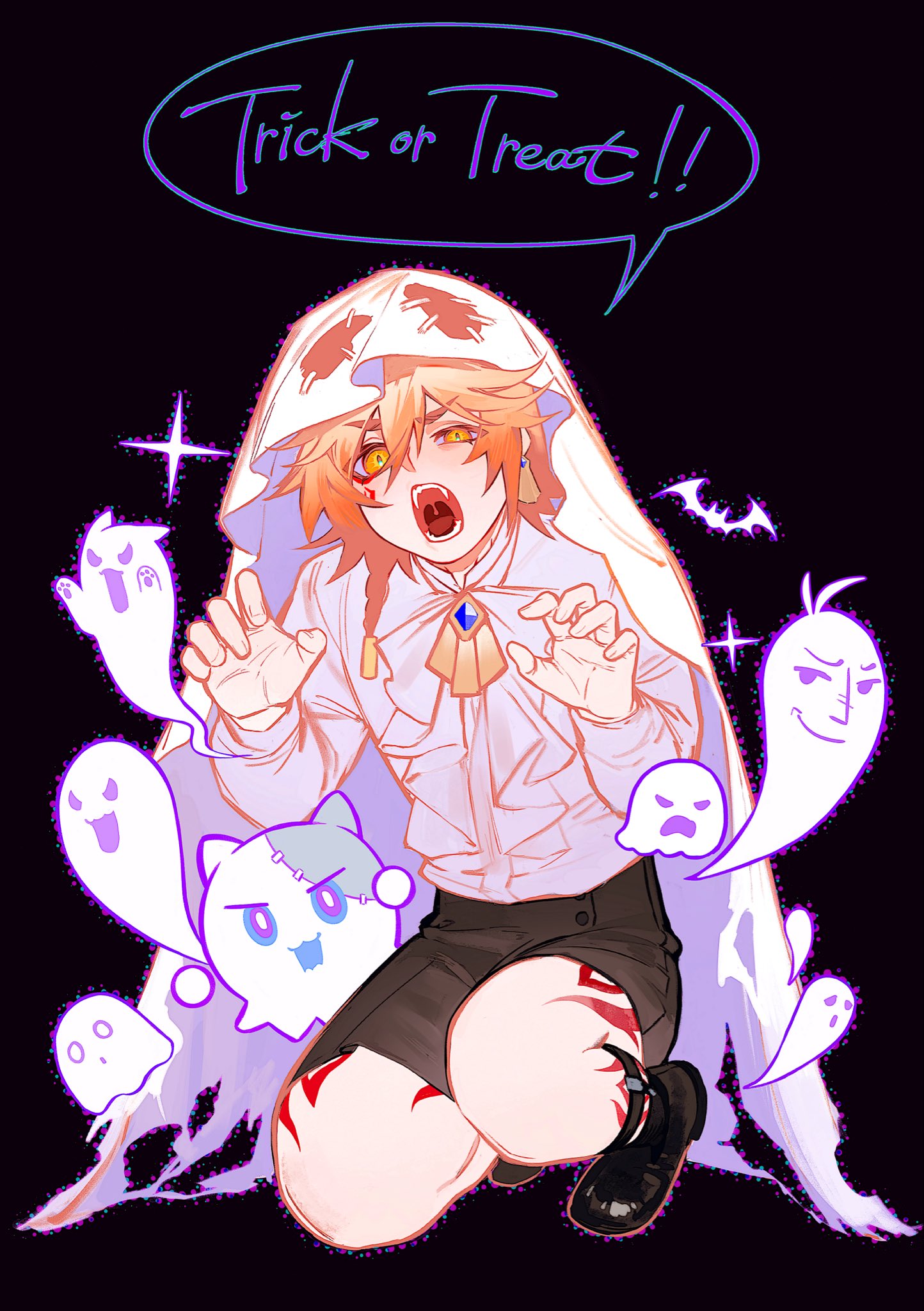 mydei (honkai: star rail), phainon (honkai: star rail), wubbaboo (honkai: star rail), honkai: star rail, honkai (series), highres, 1boy, alternate costume, armlet, black shorts, blonde hair, braid, earrings, facial tattoo, frilled shirt, frills, fsh887624596321, ghost, ghost costume, gold earrings, gold necklace, gradient hair, halloween, halloween costume, jewelry, leg tattoo, long sleeves, male focus, medium hair, multicolored hair, necklace, red hair, red tattoo, shirt, shorts, side braid, solo, tattoo, white shirt, yellow eyes