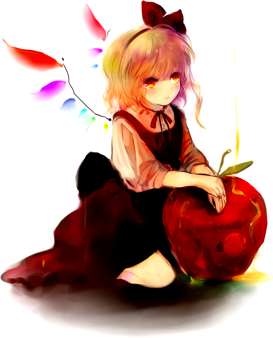 kantori (pixiv), flandre scarlet, embodiment of scarlet devil, touhou, bad id, bad pixiv id, 1girl, alternate costume, alternate eye color, apple, blonde hair, female focus, food, fruit, hairband, oversized object, sitting, solo, white background, wings, yellow eyes