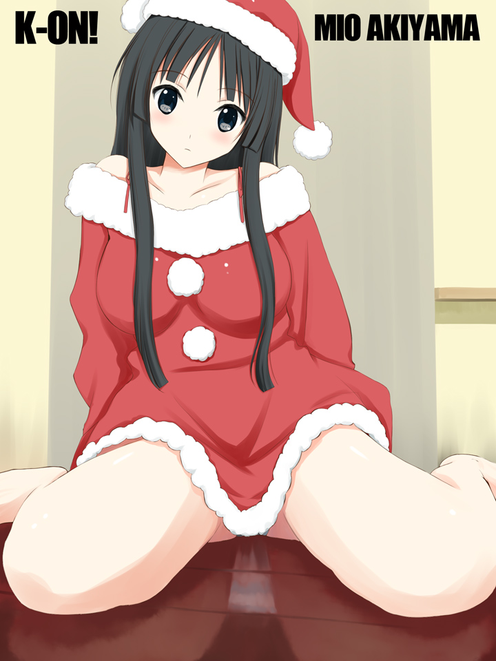 niwatori kokezou, akiyama mio, k-on!, 00s, 1girl, black eyes, black hair, blush, breasts, female focus, hat, head tilt, indoors, long hair, panties, pantyshot, reflection, reflective floor, santa costume, santa hat, sitting, solo, striped clothes, striped panties, underwear