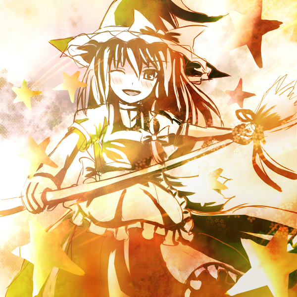 non (nobu), kirisame marisa, touhou, 1girl, apron, blush, bow, broom, female focus, hat, hat bow, monochrome, one eye closed, solo, star (symbol), wink, witch, witch hat, yellow theme