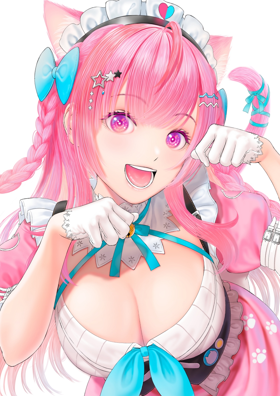 yuuki sakuna, indie virtual youtuber, commentary, highres, 1girl, 26itoguchi0w0, ahoge, animal ears, badge, bell, blue bow, blue ribbon, blush, bow, braid, breasts, button badge, cat ears, cat girl, cat hair ornament, cat tail, cleavage, dress, extra ears, gloves, hair bow, hair ornament, hairclip, heart, heart print, jingle bell, large breasts, leaning forward, long hair, looking at viewer, maid, maid headdress, neck bell, neck ribbon, open mouth, paw pose, paw print, pink dress, pink eyes, pink hair, pink tail, ribbon, short sleeves, simple background, smile, solo, star (symbol), star hair ornament, tail, tail ornament, tail ribbon, teeth, tongue, two side up, virtual youtuber, white background, white dress, white gloves