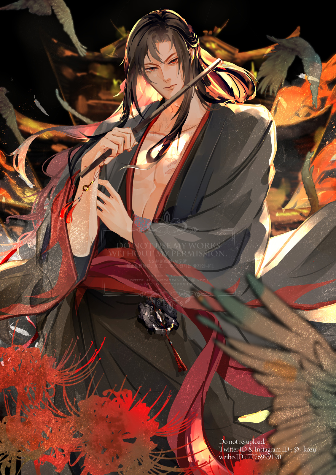 kozu (tksdmtzm), wei wuxian, wei wuxian (yiling laozu), modao zushi, highres, 1boy, bare pectorals, bird, bishounen, black bird, black hair, black hanfu, blurry, blurry foreground, branded, chenqing flute, chinese clothes, closed mouth, coat, collarbone, crow, dizi, flower, flute, flute tassel, grey coat, hair down, hair ribbon, half updo, hanfu, holding, holding flute, holding instrument, instrument, long hair, long sleeves, looking at viewer, male focus, official alternate costume, official alternate hairstyle, open clothes, open coat, pectoral cleavage, pectorals, red eyes, red flower, red ribbon, red sash, ribbon, robe, sash, scar, scar on chest, sidelocks, smile, solo, spider lily, standing, tassel, transverse flute, twitter username, watermark, wide sleeves, yaopei, yinhufu (weapon)