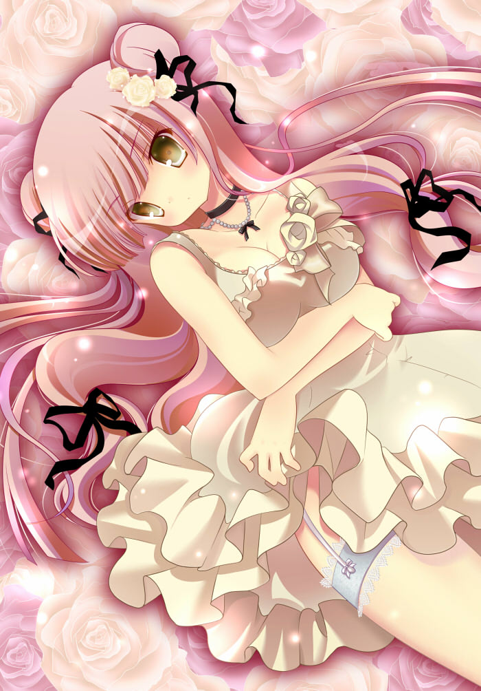 kino (kino konomi), kino konomi, patchouli knowledge, touhou, bad id, bad pixiv id, jpeg artifacts, 1girl, breasts, brown eyes, choker, cleavage, double bun, dress, female focus, flower, garter belt, garter straps, hair flower, hair ornament, hair ribbon, jewelry, long hair, necklace, no headwear, orange eyes, pearl necklace, pink hair, ribbon, solo