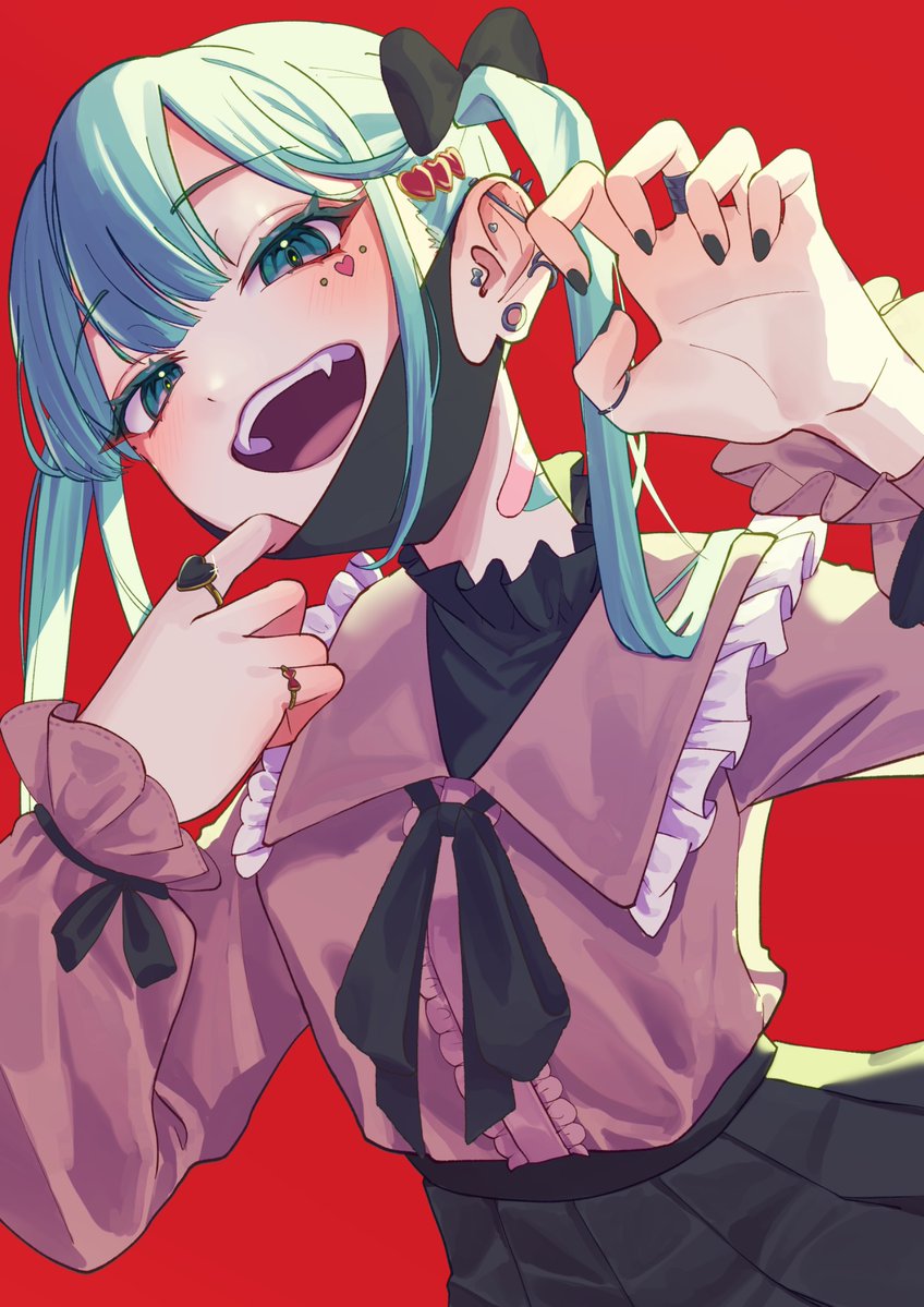 114 usamaro, hatsune miku, vampire (vocaloid), vocaloid, heart ring, 1girl, bandaid, bandaid on neck, black bow, black dress, black mask, black nails, black ribbon, blue eyes, blue hair, blush, bow, claw pose, collared shirt, colored eyelashes, dress, ear piercing, facial mark, fangs, frilled dress, frilled shirt, frills, hair between eyes, hair bow, hair ornament, hairpin, hand up, heart, heart facial mark, heart hair ornament, jewelry, long hair, long sleeves, looking at viewer, mask, mouth mask, multiple rings, open mouth, piercing, pink shirt, red background, ribbon, ring, shirt, sidelocks, simple background, smile, solo, turtleneck, turtleneck dress, twintails