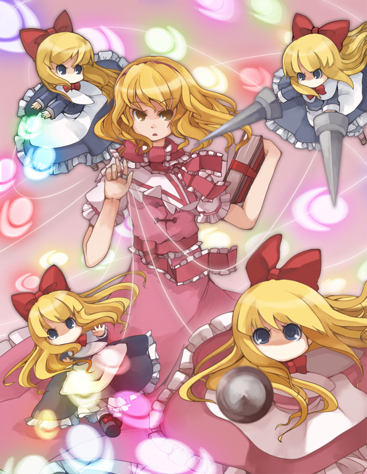 chachi, chachi (azuzu), alice margatroid, hourai doll, shanghai doll, touhou, bad id, bad pixiv id, 1girl, blonde hair, blue eyes, book, danmaku, doll, female focus, hairband, lance, long hair, polearm, short hair, solo, spear, string, weapon, yellow eyes