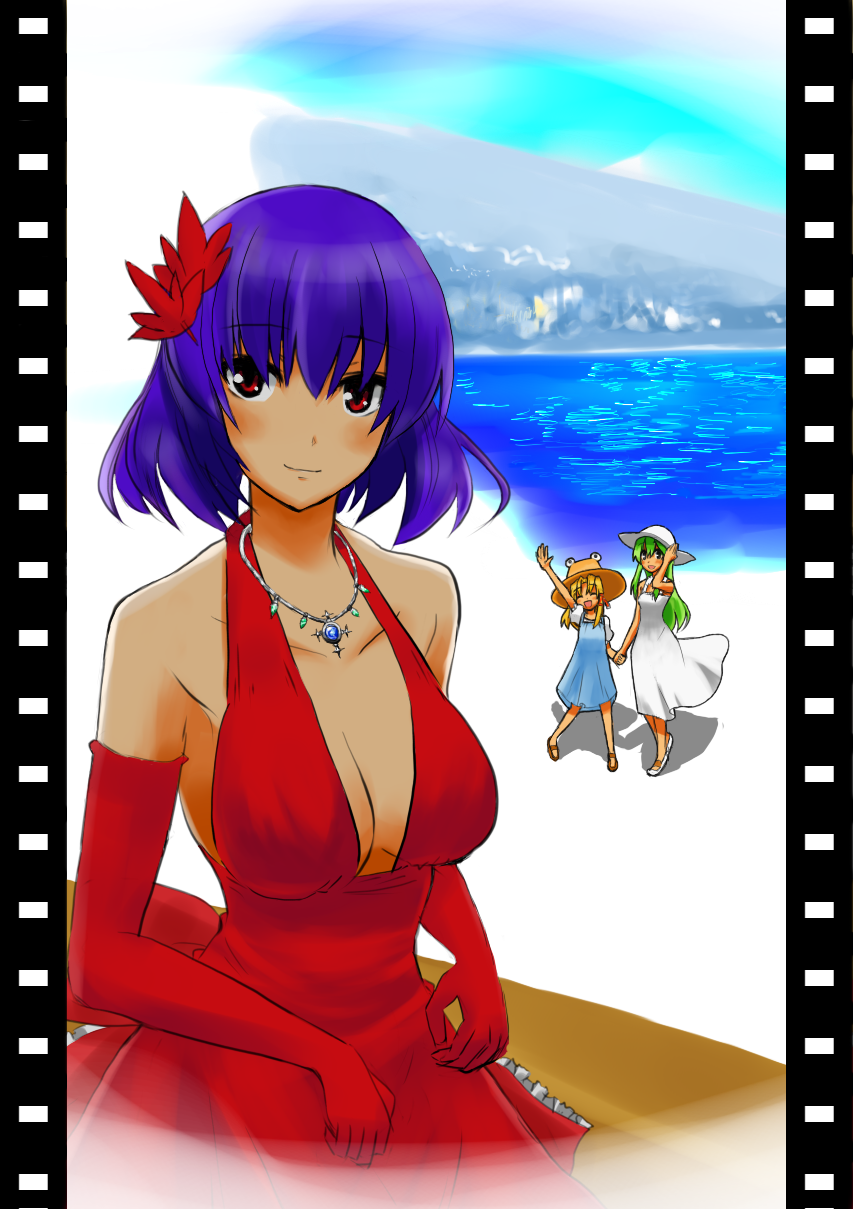 nogrip, kochiya sanae, moriya suwako, yasaka kanako, touhou, highres, 3girls, beach, blue dress, breasts, cleavage, dress, female focus, film border, hair ornament, leaf, leaf hair ornament, looking at viewer, multiple girls, ocean, outdoors, pillarboxed, purple hair, red dress, sand, short hair, standing, water, white dress