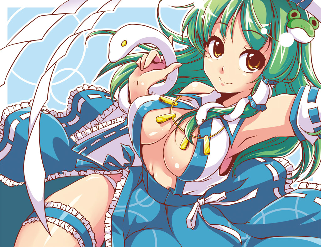 pochi (pochi-goya), kochiya sanae, mishaguji, touhou, 1girl, armpits, breasts, cleavage, detached sleeves, female focus, green hair, large breasts, long hair, panties, smile, snake, solo, underwear, yellow eyes
