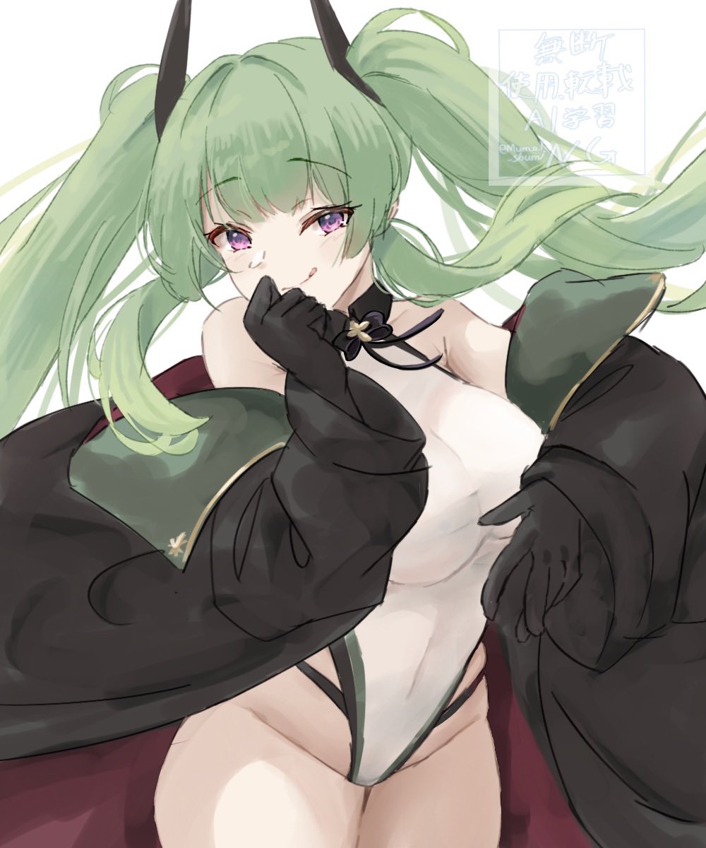 mumei shumi, maggiore baracca (azur lane), azur lane, highres, 1girl, black gloves, black jacket, blush, breasts, cowboy shot, gloves, green hair, jacket, large breasts, long hair, looking at viewer, one-piece swimsuit, purple eyes, smile, solo, swimsuit, twintails, white one-piece swimsuit
