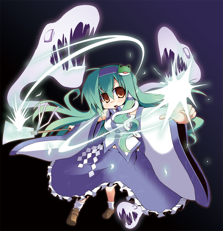 nanateru, kochiya sanae, touhou, 1girl, detached sleeves, female focus, green hair, long hair, solo, yellow eyes