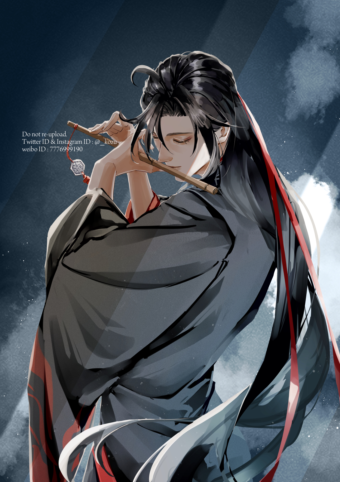 kozu (tksdmtzm), wei wuxian, wei wuxian (yiling laozu), modao zushi, highres, 1boy, ahoge, bishounen, black hair, black hanfu, chenqing flute, chinese clothes, closed eyes, closed mouth, coat, dizi, eyelashes, flute, flute tassel, grey coat, hair down, hair ribbon, half updo, hanfu, holding, holding flute, holding instrument, instrument, light particles, light rays, long hair, long sleeves, male focus, multicolored hair, music, official alternate costume, official alternate hairstyle, playing flute, playing instrument, red ribbon, ribbon, robe, sidelocks, solo, standing, tassel, transverse flute, twitter username, upper body, very long hair, watermark, wide sleeves, yinhufu (weapon)
