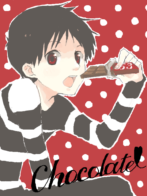 ikari shinji, neon genesis evangelion, black hair, chocolate, male focus, red eyes, shirt, solo, striped clothes, striped shirt