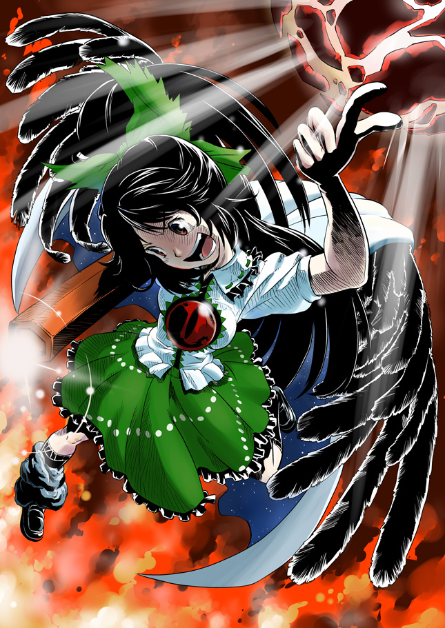 uirou (uirou1), reiuji utsuho, touhou, 1girl, black hair, black wings, cape, female focus, full body, long hair, red eyes, skirt, solo, wings