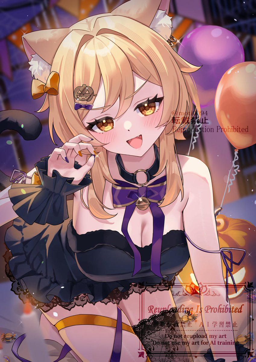 tsukimori mochi, lumine (genshin impact), genshin impact, commentary, english commentary, highres, 1girl, :d, animal ear fluff, animal ears, balloon, bare shoulders, bent over, black collar, black dress, black thighhighs, black wrist cuffs, blonde hair, blush, bow, bowtie, breasts, cat ears, cleavage, collar, dress, fingernails, food-themed hair ornament, frilled wrist cuffs, frills, hair between eyes, hair bow, hair ornament, hand up, indoors, kemonomimi mode, lace, lace-trimmed thighhighs, lace trim, looking at viewer, medium breasts, multicolored nails, nail polish, night, o-ring collar, open mouth, orange bow, orange nails, purple bow, purple bowtie, purple nails, short hair with long locks, single thighhigh, smile, solo, strapless, strapless dress, thighhighs, watermelon hair ornament, wrist cuffs, yellow eyes