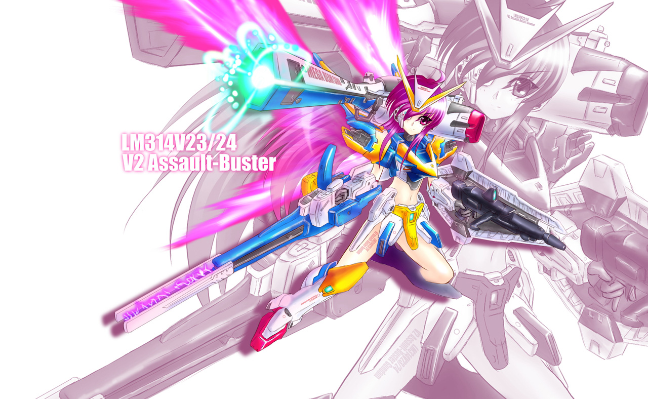 v2 gundam, gundam, victory gundam, 1990s (style), 1girl, female focus, hair over one eye, mecha, mecha musume, midriff, purple eyes, purple hair, retro artstyle, robot, solo, zoom layer
