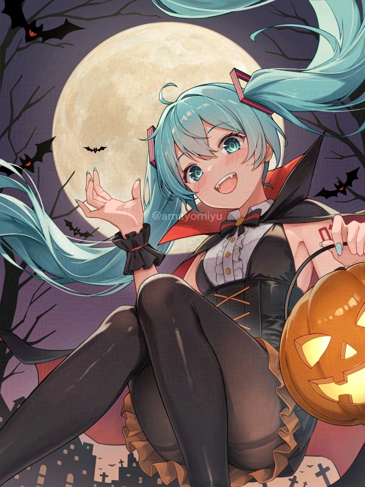 amayomiyu, dracula, hatsune miku, vocaloid, 1girl, ahoge, aqua eyes, aqua hair, aqua nails, arm tattoo, bat (animal), black cape, black pantyhose, blush, breasts, cape, collared shirt, cosplay, dracula (cosplay), dress, full moon, hair between eyes, hair ornament, halloween, halloween bucket, long hair, looking at viewer, moon, night, number tattoo, open mouth, pantyhose, scrunchie, shirt, sleeveless, sleeveless dress, smile, tattoo, teeth, twintails, very long hair, white shirt, wrist scrunchie