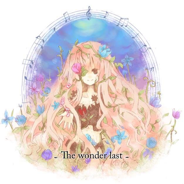 mikanniro, megurine luka, vocaloid, wander last (vocaloid), bad id, bad pixiv id, blue eyes, flower, heart, long hair, musical note, pink hair, smile, solo