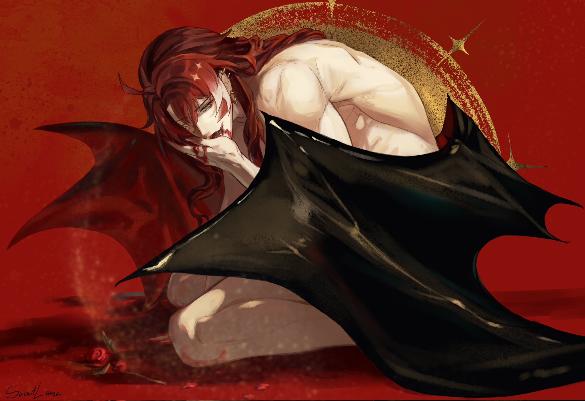 argenti (honkai: star rail), honkai: star rail, honkai (series), commentary, hashtag-only commentary, highres, 1boy, arm up, bat wings, blood, blood on face, blood on hands, demon boy, ear piercing, earrings, fang, flower, jewelry, lama sara114433, long hair, looking to the side, male focus, multiple earrings, nude, open mouth, piercing, red background, red flower, red hair, red rose, rose, smile, solo, wings
