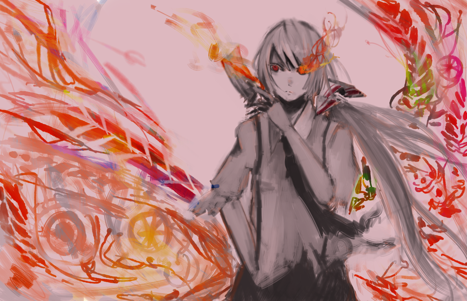 sakuma, fujiwara no mokou, touhou, bad id, bad pixiv id, 1girl, alternate hairstyle, expressionless, female focus, fire, hand in pocket, ofuda, ponytail, solo