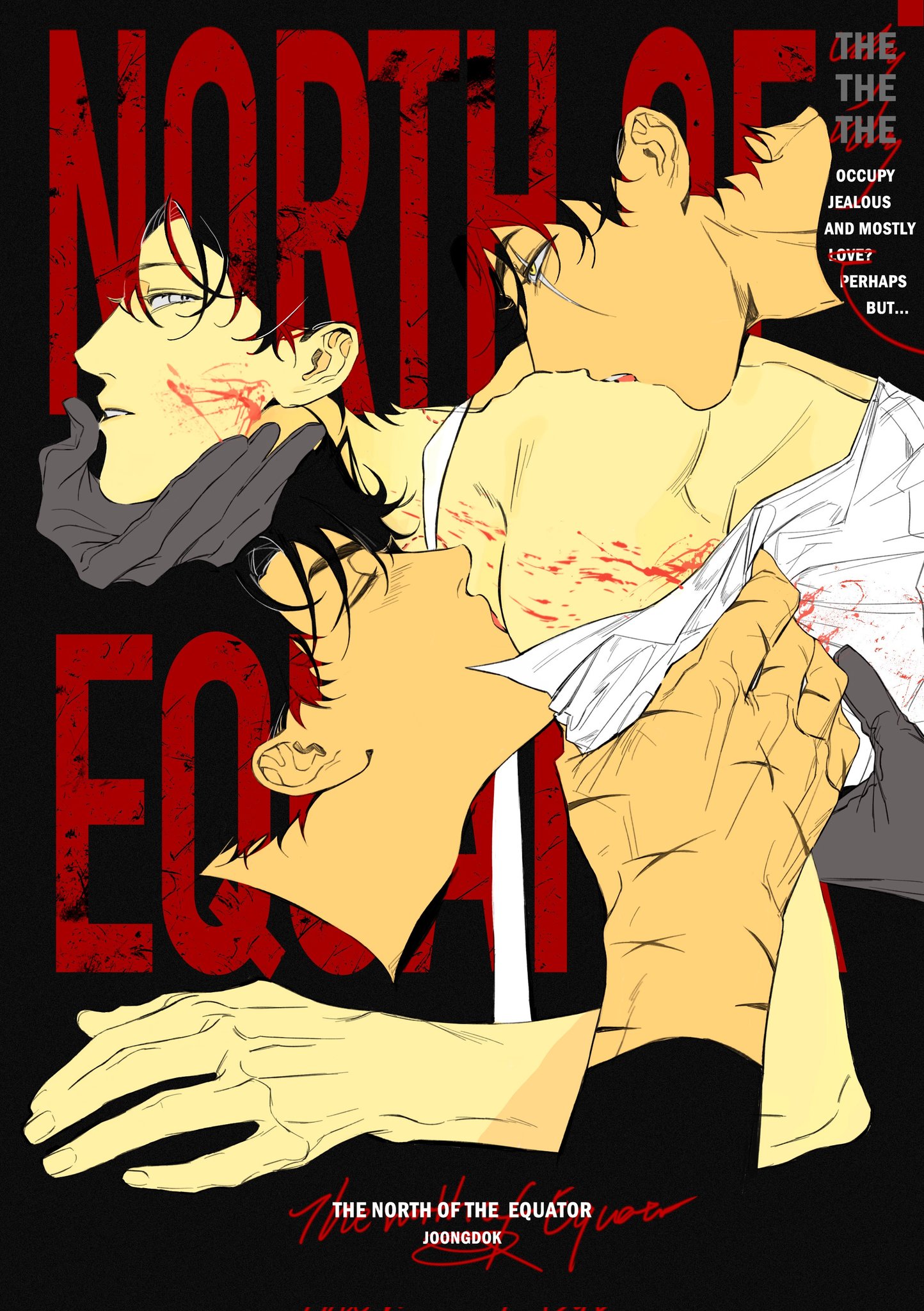 kim dokja, secretive plotter, yoo joonghyuk, omniscient reader's viewpoint, highres, 1other, 3boys, black hair, blending, blood, blood splatter, closed eyes, cover, english text, grabbing another's arm, hand on another's chin, hand on another's face, licking, looking back, magazine cover, male focus, multiple boys, multiple scars, owlaoao, scar, scar across eye, scar on face, scar on hand, shirt, short hair, undressing another, upper body, white shirt