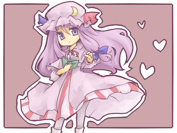 tsk, patchouli knowledge, touhou, bad id, bad pixiv id, 1girl, book, chibi, female focus, hat, long hair, purple eyes, purple hair, solo