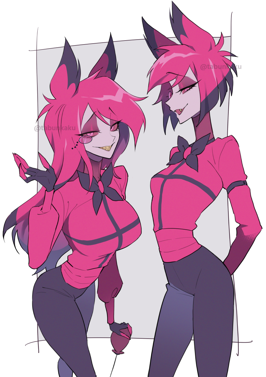 alastor (hazbin hotel), hazbin hotel, hellaverse, highres, 2girls, animal ears, black bow, black bowtie, black pants, bow, bowtie, colored extremities, colored sclera, colored skin, colored teeth, deer ears, eyewear strap, genderswap, genderswap (mtf), grey skin, hand on cane, long hair, looking at viewer, monocle, multiple girls, pants, red eyes, red hair, red sclera, red shirt, sharp teeth, shirt, short hair, tabunkaku, teeth, yellow teeth