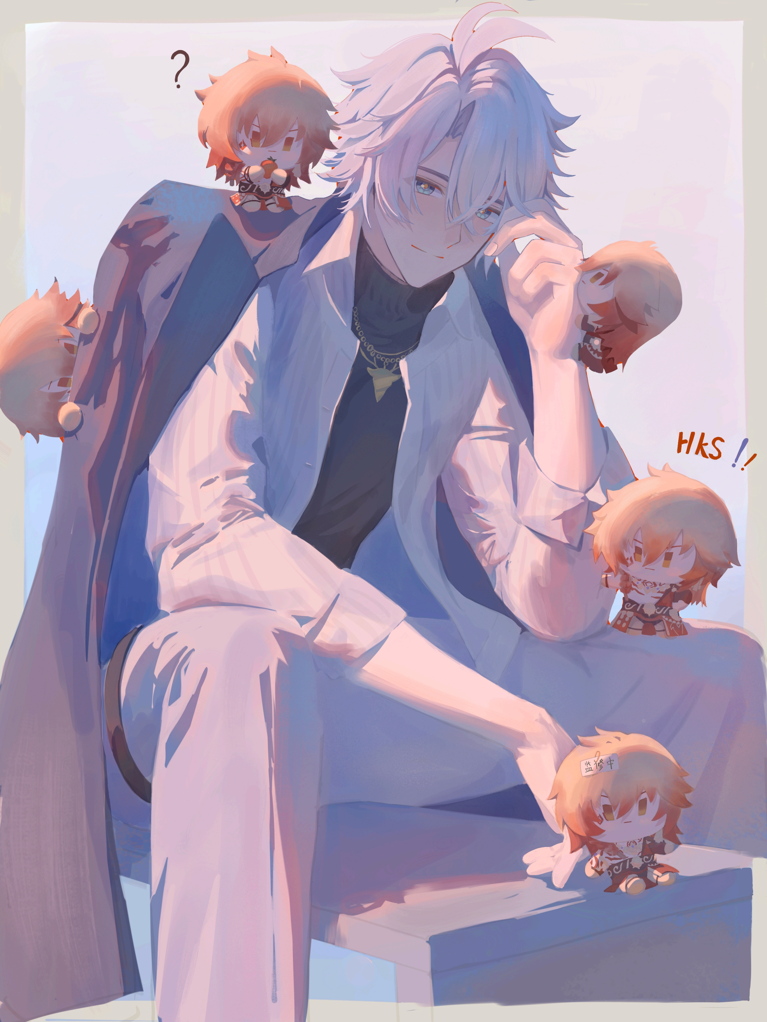 hongtu, mydei (honkai: star rail), phainon (honkai: star rail), phainon (luckin coffee) (honkai: star rail), honkai: star rail, honkai (series), absurdres, chinese commentary, commentary request, highres, 6+boys, ?, antenna hair, black sweater, blue coat, blue eyes, character doll, clone, coat, coat on shoulders, collared shirt, doll, male focus, mini person, miniboy, multiple boys, official alternate costume, pants, parted bangs, shirt, short hair, sleeves rolled up, sweater, thigh strap, turtleneck, turtleneck sweater, white hair, white pants, white shirt