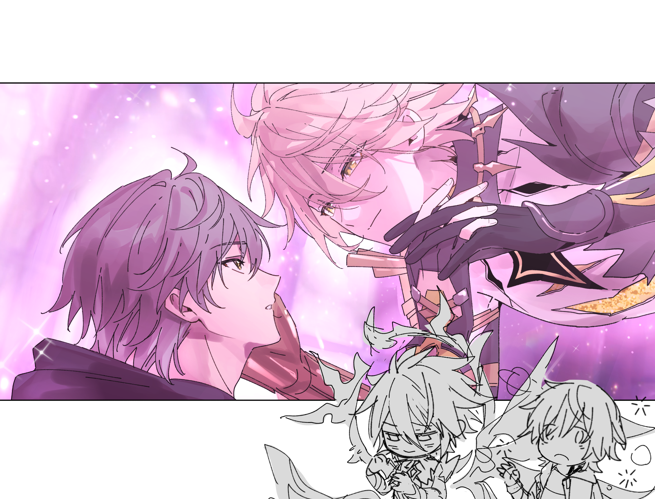 caelus (honkai: star rail), phainon (honkai: star rail), phainon (khaslana) (honkai: star rail), trailblazer (honkai: star rail), honkai: star rail, honkai (series), chinese commentary, derivative work, highres, 2boys, ahoge, black gloves, blonde hair, blush, bracer, chibi, chibi inset, closed mouth, cracked skin, double-parted bangs, eye contact, face-to-face, fingerless gloves, floating, furrowed brow, gauntlets, gloves, gold blood, grey hair, hair between eyes, hand on another's face, holding hands, hood, hood down, interlocked fingers, jewelry, kyo uuuka, light particles, light smile, long bangs, looking at another, male focus, midair, multiple boys, narrowed eyes, partially colored, pink background, ring, scene reference, short hair, sparkle, sparkle background, squeans, very short hair, wedding ring, yaoi, yellow eyes