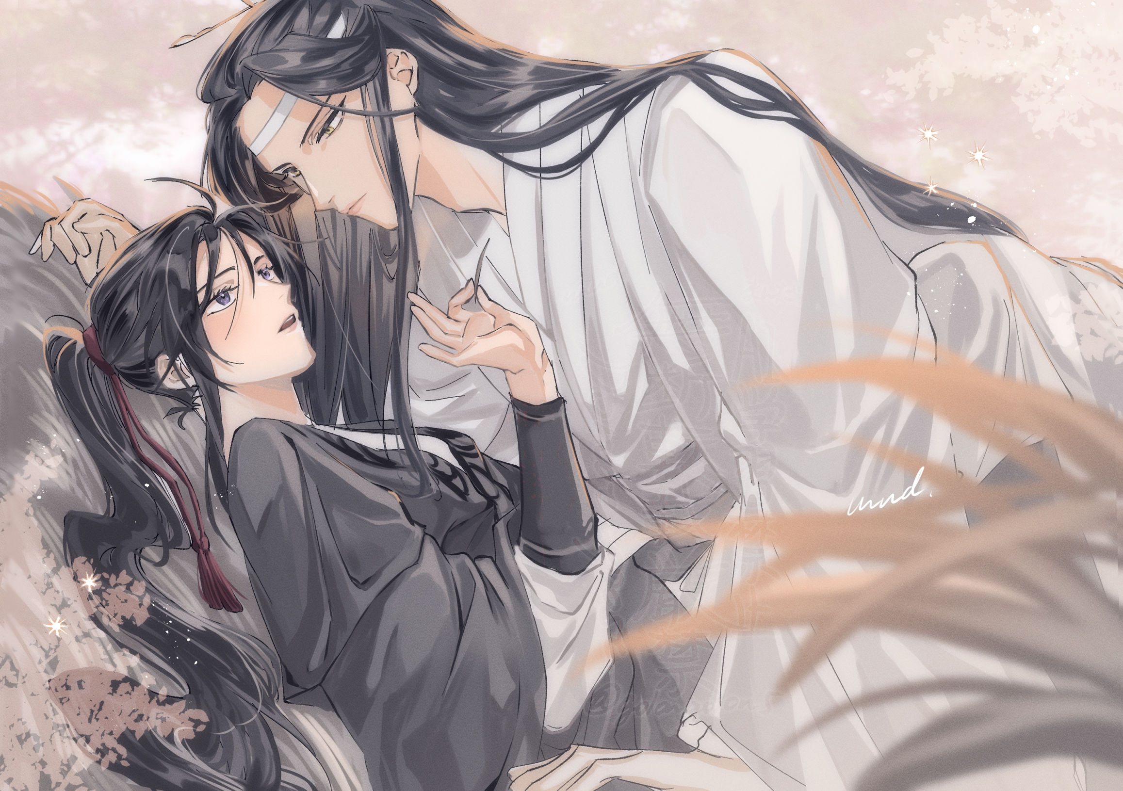 lan wangji, wei wuxian, modao zushi, highres, 2boys, ahoge, artist name, bishounen, black hair, black hanfu, blurry, blurry foreground, chinese clothes, closed mouth, couple, eye contact, flower, golongolon5, grass, hair ornament, hair ribbon, hanfu, haystack, headband, high ponytail, holding hands, long hair, long sleeves, looking at another, lying, male focus, multiple boys, on back, open mouth, outdoors, ponytail, purple eyes, red ribbon, ribbon, robe, sidelocks, tassel, tassel hair ornament, upper body, very long hair, white hanfu, white headband, wide sleeves, yaoi, yellow eyes