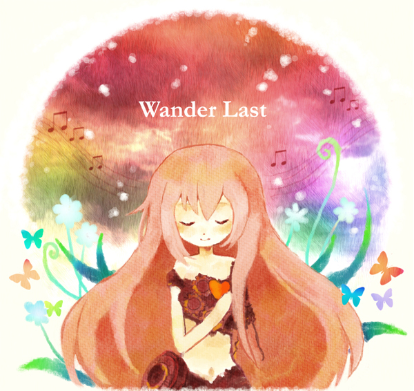 amane (kotoune), kotoune, megurine luka, vocaloid, wander last (vocaloid), bad id, bad pixiv id, 1girl, bug, butterfly, child, closed eyes, female focus, flower, heart, insect, long hair, musical note, pink hair, smile, solo