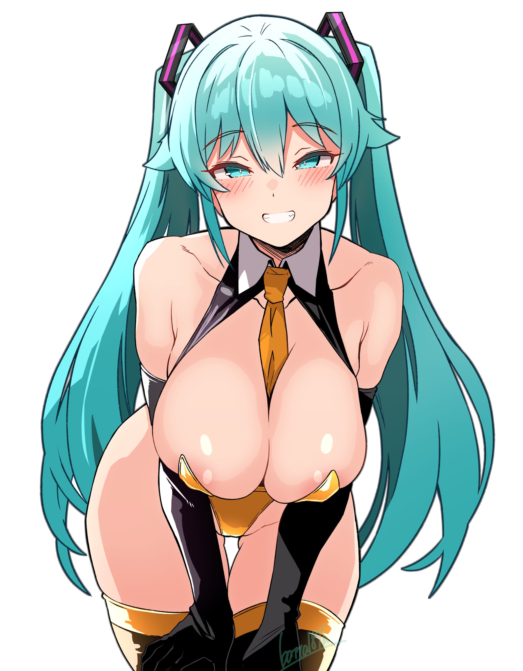 batta 16-sei, hatsune miku, vocaloid, commentary request, highres, 1girl, alternate costume, aqua eyes, aqua hair, areola slip, bare shoulders, between breasts, black gloves, black thighhighs, blush, breasts, collarbone, detached collar, elbow gloves, gloves, gold leotard, grin, hair between eyes, halloween, large breasts, leotard, long hair, looking at viewer, necktie, necktie between breasts, orange necktie, simple background, smile, solo, thigh gap, thighhighs, twintails, white background