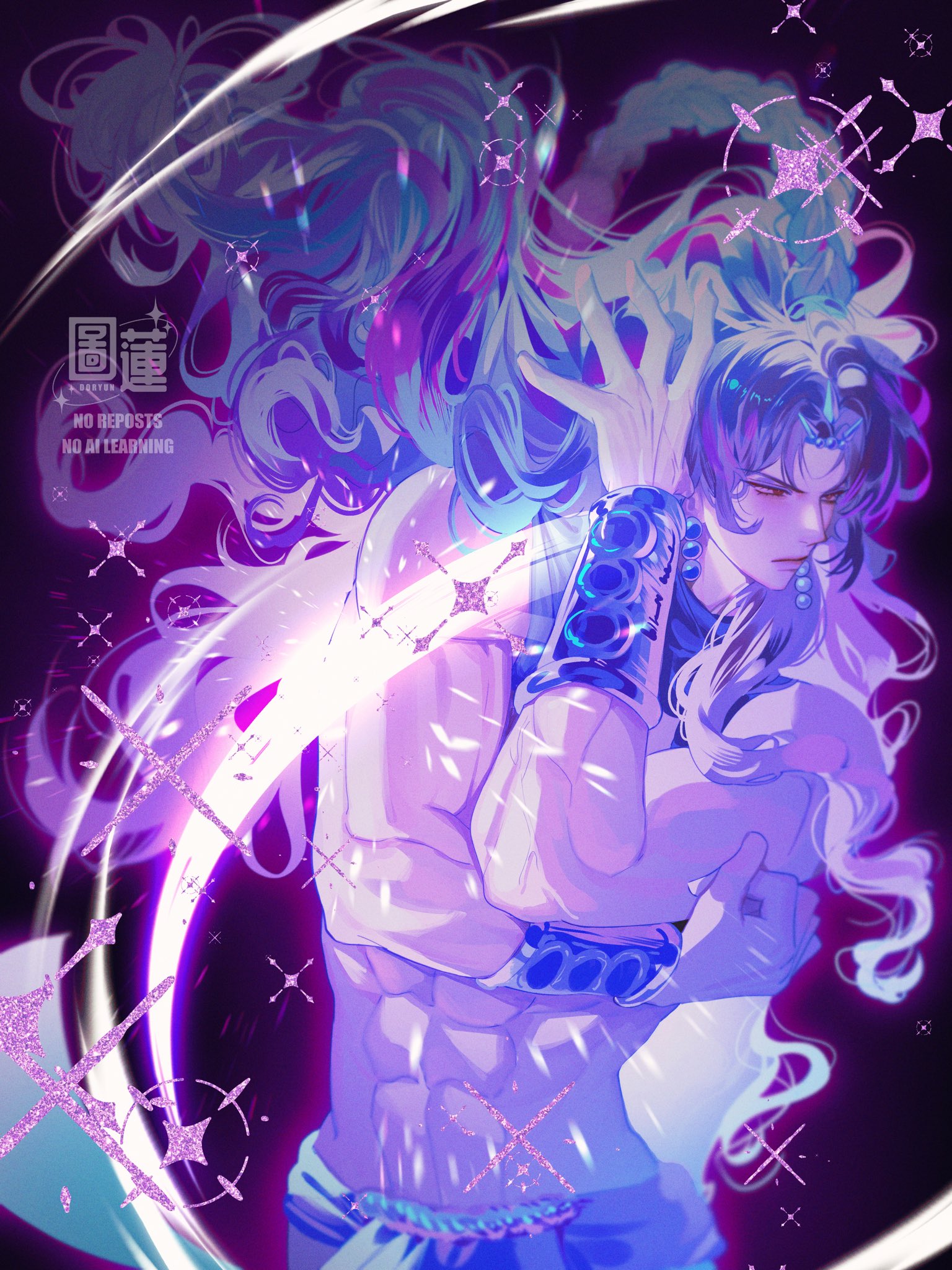 doryun, kars (jojo), battle tendency, jojo no kimyou na bouken, commentary request, highres, 1boy, abs, arm blade, biceps, bracer, braid, earrings, floating hair, glowing, glowing blade, horns, jewelry, long hair, male focus, muscular, muscular male, purple hair, purple theme, red eyes, revealing clothes, solo, topless male, very long hair, wavy hair, weapon