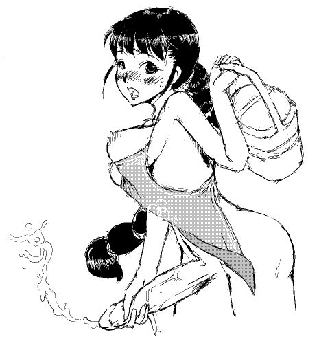 lowres, 1futa, apron, black hair, blush, cum, ejaculation, futanari, masturbation, monochrome, penis, solo