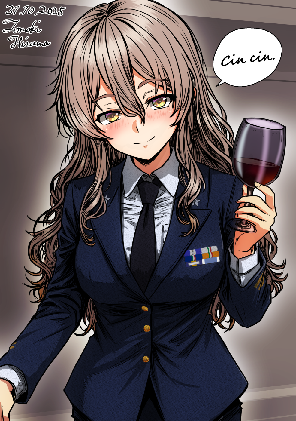 hisama tomoki, pola (kancolle), kantai collection, commentary request, highres, 1girl, alcohol, black jacket, blazer, breasts, brown eyes, collared shirt, cup, dated, dress shirt, drinking glass, grey hair, jacket, long hair, looking at viewer, medium breasts, military uniform, naval uniform, one-hour drawing challenge, shirt, solo, twitter username, upper body, white shirt, wine, wine glass