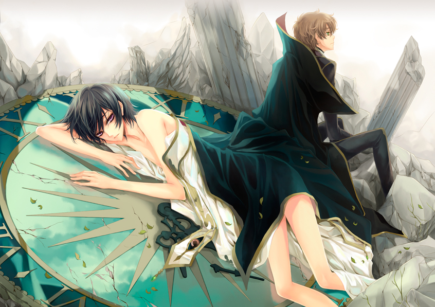 fylus, kururugi suzaku, lelouch vi britannia, code geass, 00s, 2boys, black hair, cape, clock, day, frown, male focus, multiple boys, outdoors, purple eyes, reflection, ruins, sitting, swept bangs
