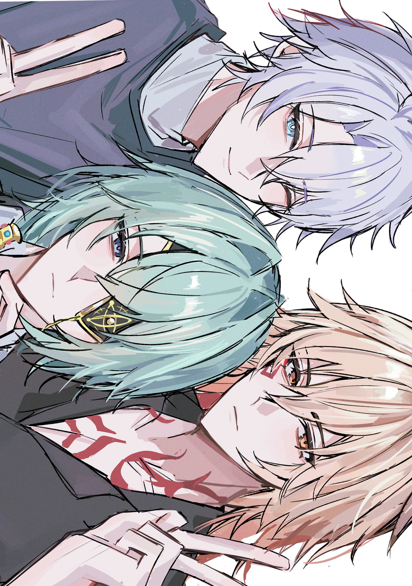 anaxa (honkai: star rail), mydei (honkai: star rail), phainon (honkai: star rail), honkai: star rail, honkai (series), highres, 3boys, antenna hair, aqua eyes, aqua hair, black shirt, blonde hair, blue eyes, braid, chest tattoo, collared shirt, eyepatch, facial tattoo, gradient hair, hoooooon1099, male focus, medium hair, multicolored hair, multiple boys, one eye closed, parted bangs, pink pupils, red hair, red tattoo, shirt, short hair, side braid, sideways, tattoo, v, white hair, yellow eyes